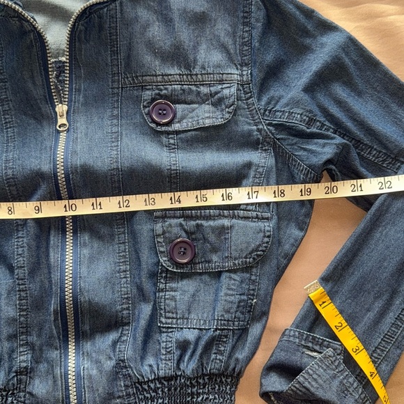 Voice NYC Chambray Denim Zip Jacket Multi Pockets Smocked Fit Waist Button Cuffs - Picture 11 of 16